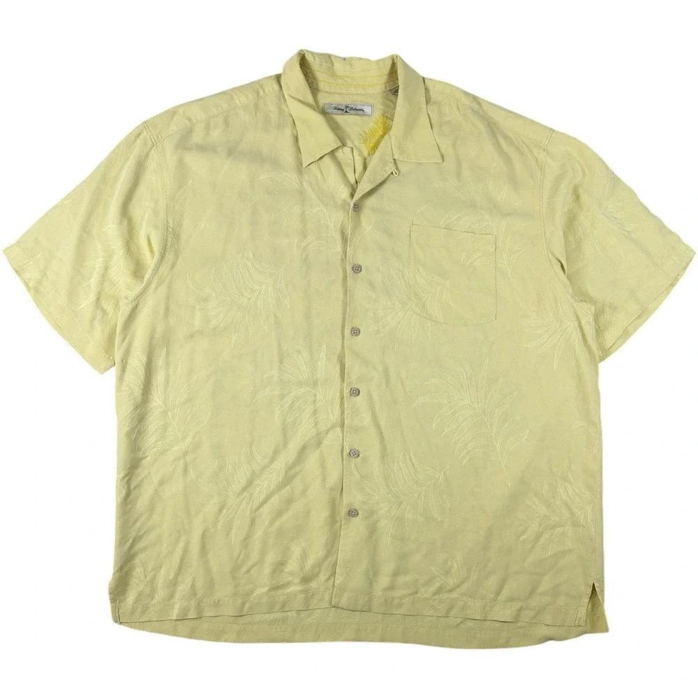 Tommy Bahama 100% Silk Camp Shirt Yellow Tropical Jacquard Button Up XXL Hawaian